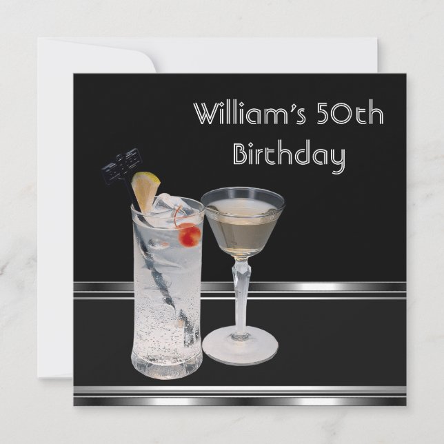 Mans 50th Birthday Party Black Silver Drinks Invitation (Front)