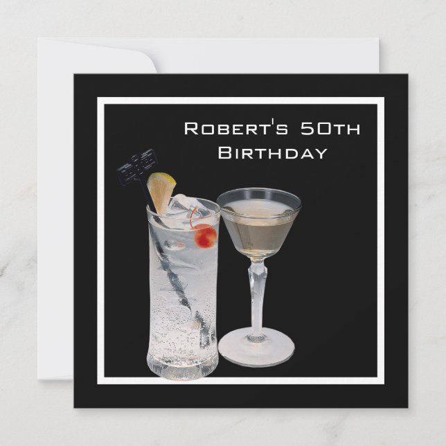 Mans 50th Birthday Party Black Silver Drinks Invitation (Front)