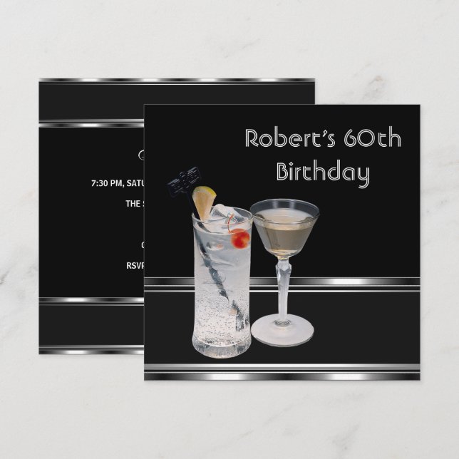 Mans 60th Birthday Party Black Silver Drinks Invitation (Front/Back)