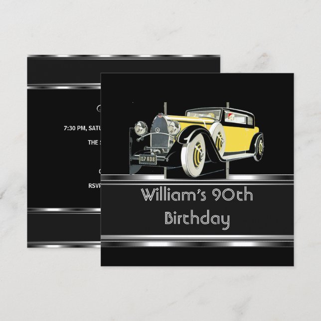 Mans 90th Birthday Party Black Vintage Car Invitation (Front/Back)