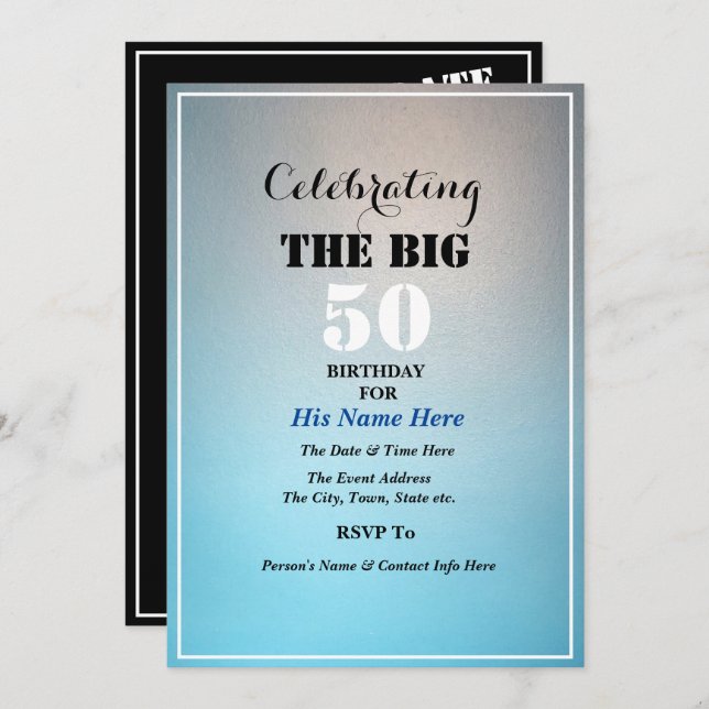 Man's Birthday Celebrating the Big Number Blue Invitation (Front/Back)