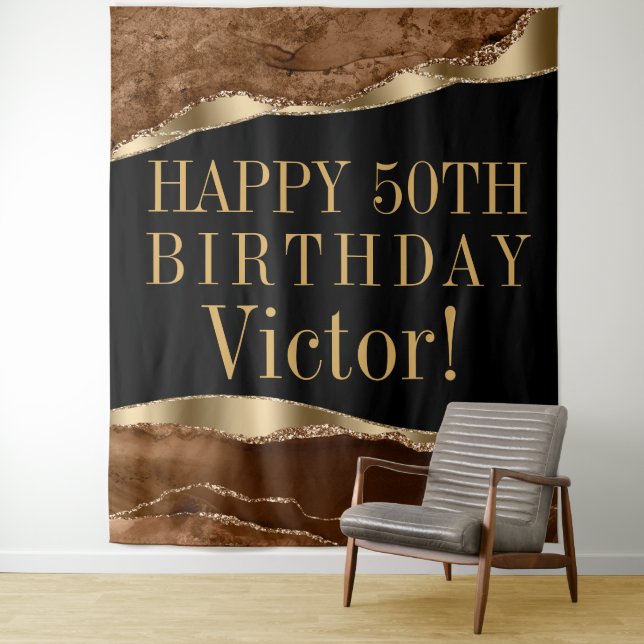 Mans Birthday Party Backdrop Brown Gold Agate Tapestry (In Situ)