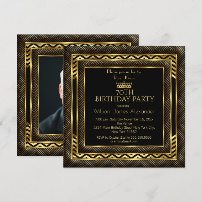 Mans Birthday Party Photo Crown Gold Art Deco Invitation (Front/Back)