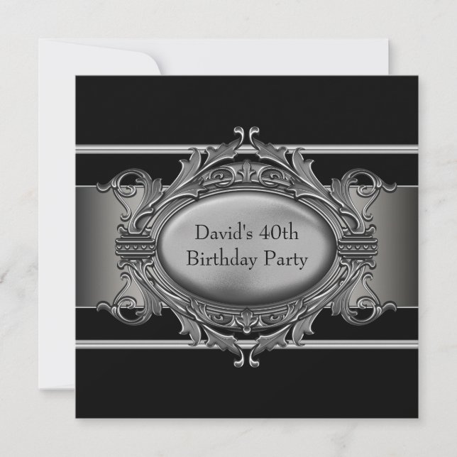 Mans Black 40th Birthday Party Invitations (Front)