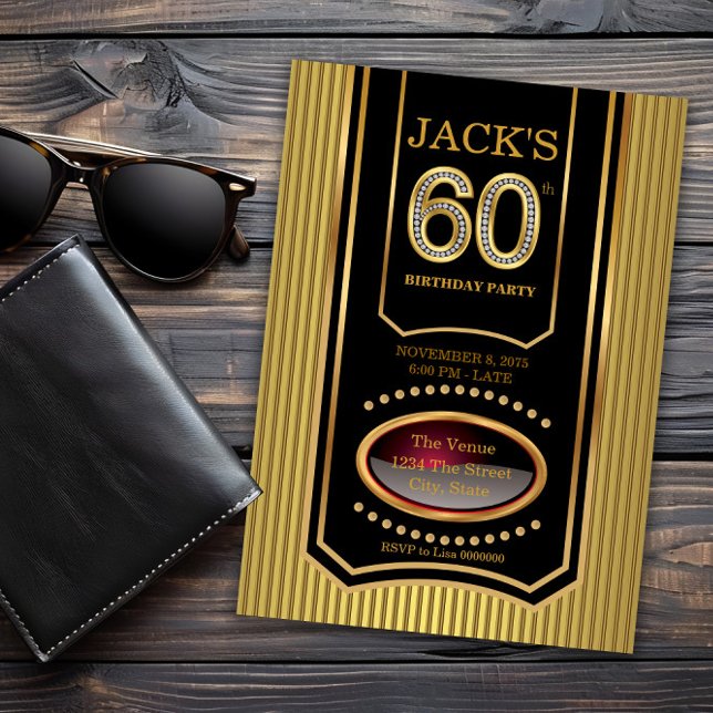 Mans Black Gold 60th Birthday Party Invitation (Mans black gold 60th birthday invitation. Message us if you need a different number for your event.)