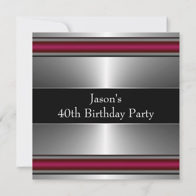 Mans Black Red Silver Classy 40th Birthday Party Invitation (Front)