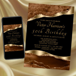 Mans Brown Black Gold Agate Birthday Party Invitation