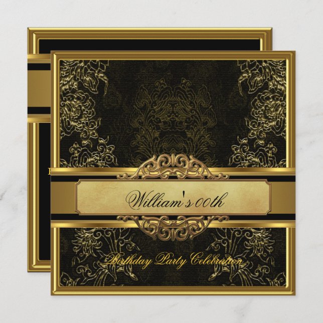 Mans Elegant Black Gold Birthday Party Mens Invitation (Front/Back)
