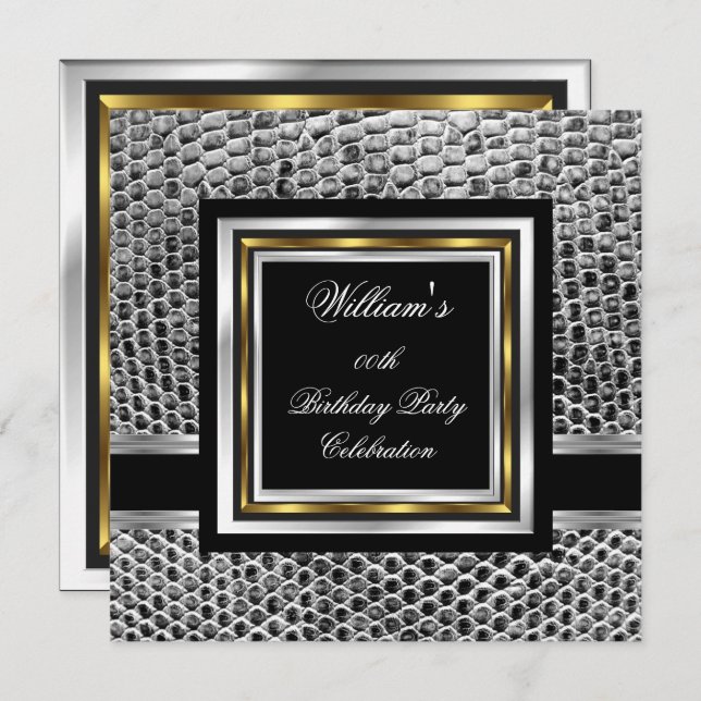 Mans Elegant Black Gold Silver Birthday Party Mens Invitation (Front/Back)