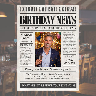 Man's Funny Newspaper Photo 50th Birthday Invitation