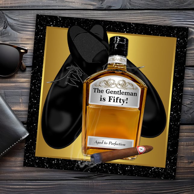 Mans Gold Aged To Perfection Birthday Party Invitation (Mans whiskey and cigar birthday invitation. All text can be changed as needed for your event.)