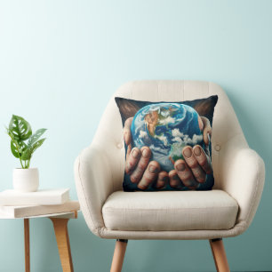 Man's Hands Holding Planet Earth Cushion