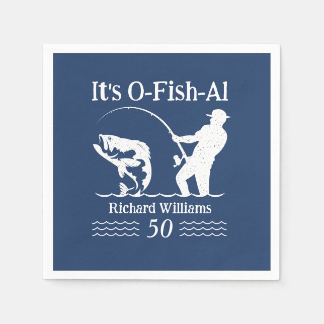 Man's It's O-fish-al Fisherman 50th Birthday Party Napkin (Front)