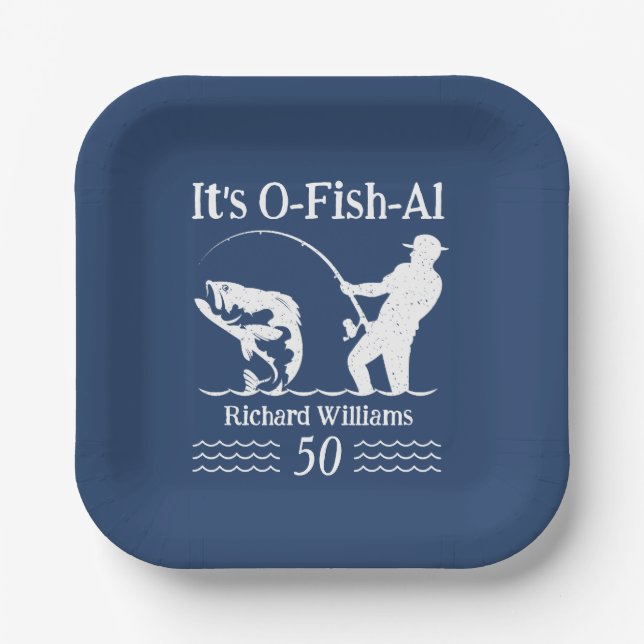 Man's It's O-fish-al Fisherman 50th Birthday Party Paper Plate (Front)