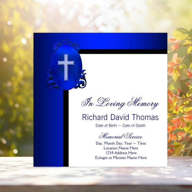 Mans Navy Blue Cross In Loving Memory Memorial Invitation (Pretty royal blue memorial and funeral notice. Simply add your event details.)