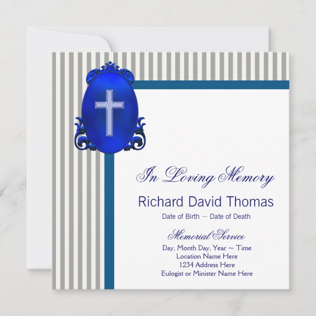 Mans Navy Blue Grey In Loving Memory Memorial Invitation (Front)