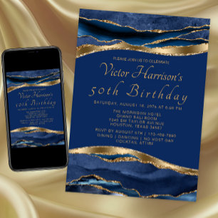 Mans Royal Blue Gold Agate Birthday Party Invitation