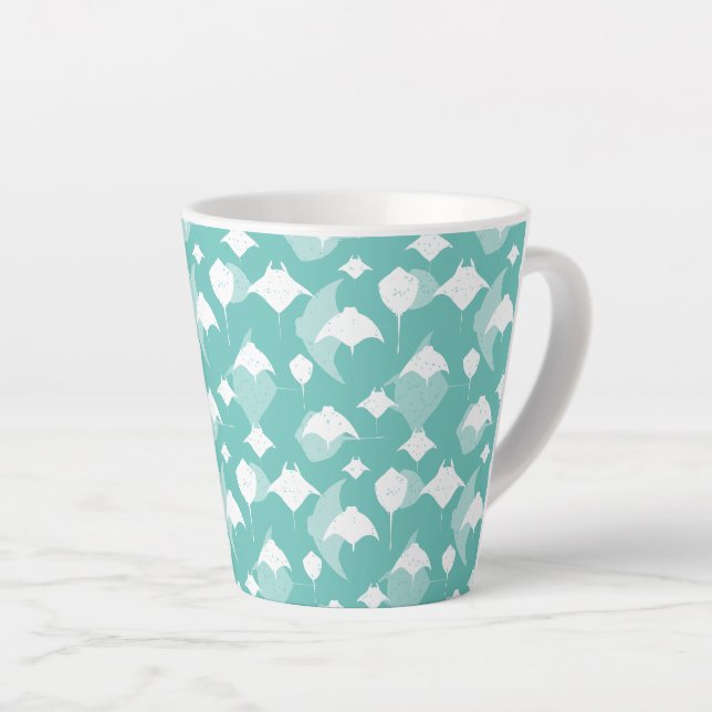Manta Rays and Stingrays Pattern on Aqua Blue Latte Mug (Right Angle)