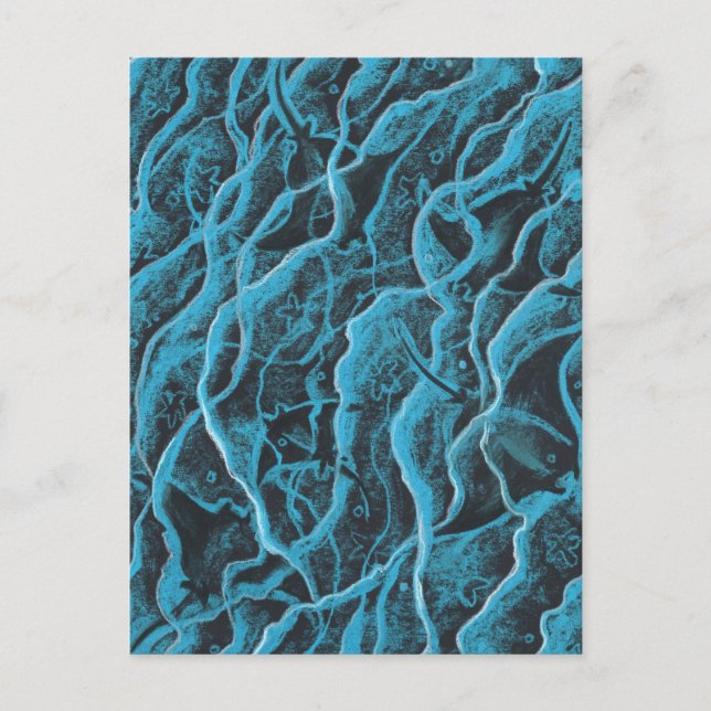Manta Rays Ocean Fish Animals Waves Blue Black Art Postcard (Front)