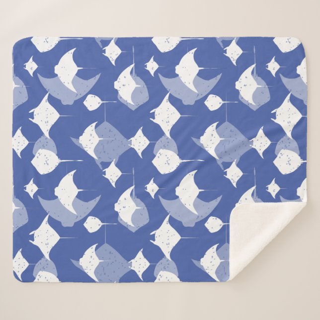 Manta Rays, Stingrays, Cool Blue White Sea Life Sherpa Blanket (Front (Horizontal))