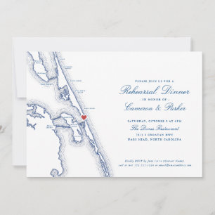 Manteo Nags Head Map Navy Blue Rehearsal Dinner Invitation