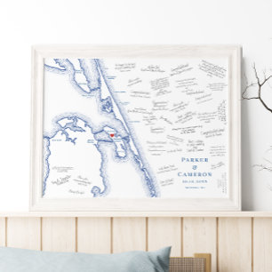 Manteo NC Map Elegant Wedding Guest Book Poster