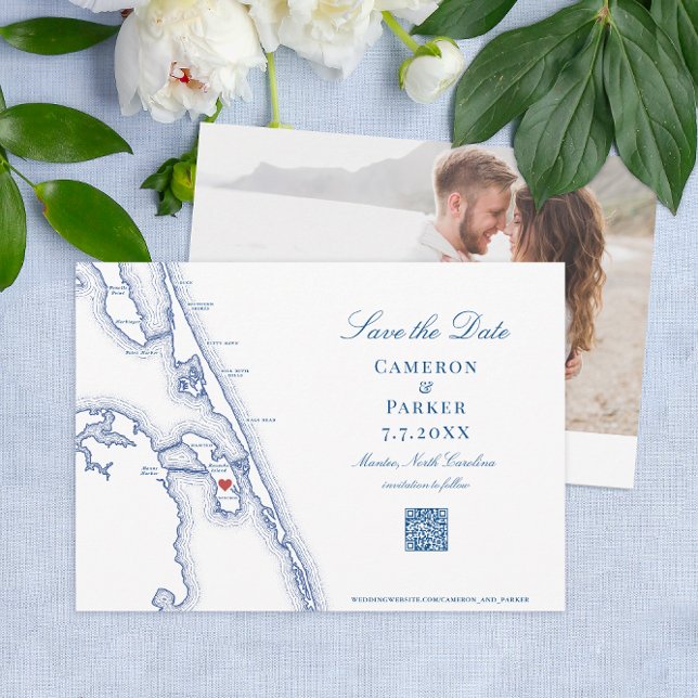 Manteo NC Outer Banks Map Elegant QR code Wedding Save The Date (Manteo NC Map QR code Save the Dates with elegant navy blue Outer Banks OBX map )