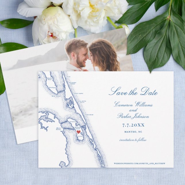Manteo NC Outer Banks Map Elegant Wedding Save The Date (Manteo NC Map Save the Dates with elegant navy blue Outer Banks OBX map by Coastal Map Designs)