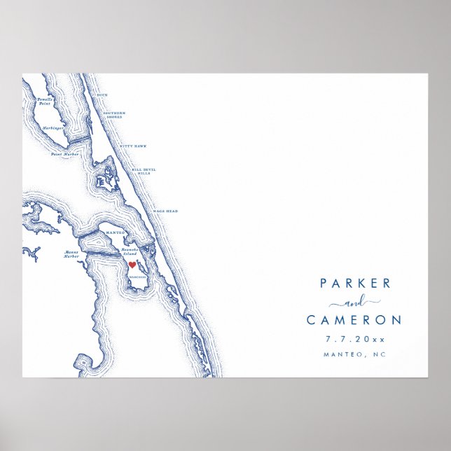 Manteo NC Wedding Map Navy Blue Guest Book Poster (Front)
