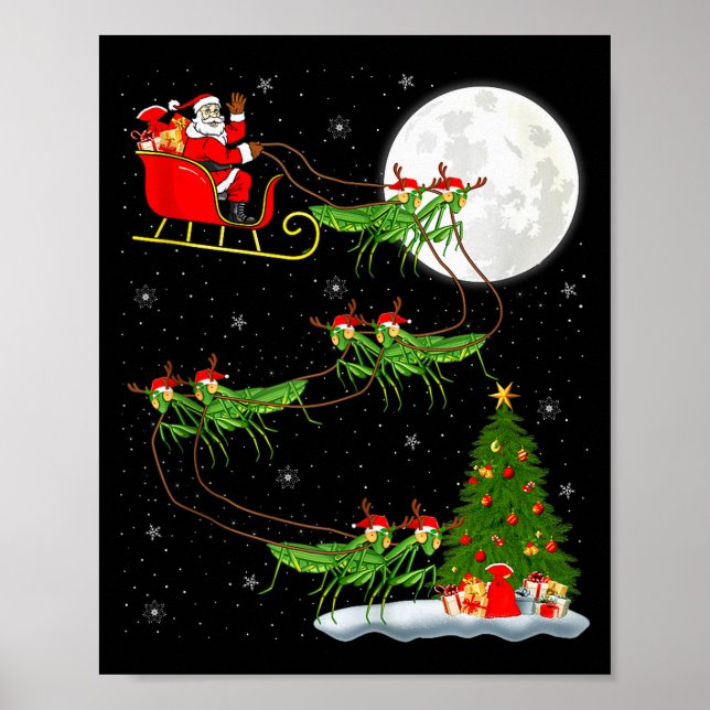 Mantis Insect Santa Sleigh Flying Funny Magical Ch Poster (Front)