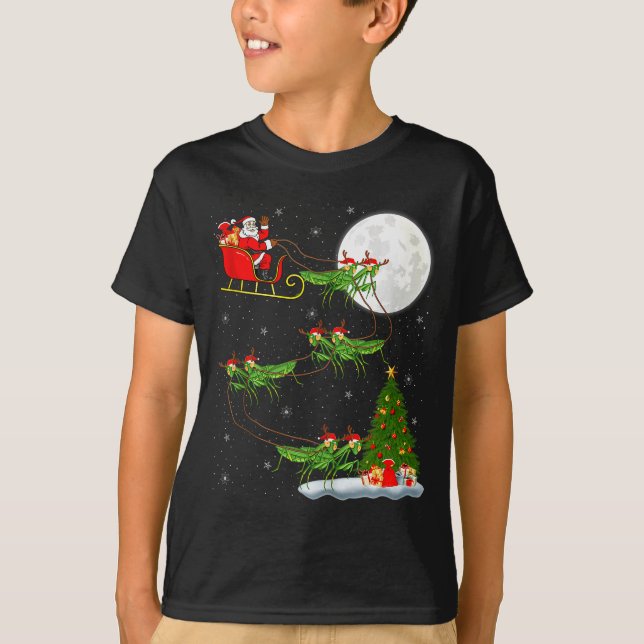 Mantis Insect Santa Sleigh Flying Funny Magical Ch T-Shirt (Front)