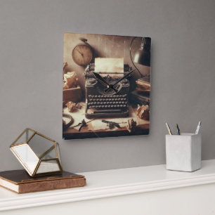 Manual Vintage Antique Typewriter Brown Sepia Square Wall Clock