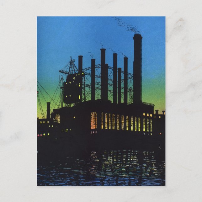 Manufacturing Factory at Sunset, Vintage Business Postcard (Front)