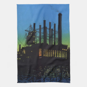 Manufacturing Factory at Sunset, Vintage Business Tea Towel