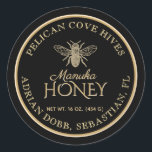 Manuka Honey Black Gold Vintage Bee Product Label<br><div class="desc">Personalise this honey label with your apiary name,  owner name,  net weight and address. Elegant gold script font in the centre spells out "Manuka Honey." Vintage Bee illustration on a black background. Common honey net weight conversions: 8oz (227g),  12oz (340g),  16oz (454g),  32oz (907g),  5lb (2.27kg).</div>