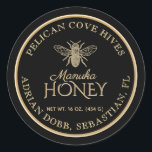 Manuka Honey Black Gold Vintage Bee Product Label<br><div class="desc">Personalise this honey label with your apiary name,  owner name,  net weight and address. Elegant gold script font in the centre spells out "Manuka Honey." Vintage Bee illustration on a black background. Common honey net weight conversions: 8oz (227g),  12oz (340g),  16oz (454g),  32oz (907g),  5lb (2.27kg).</div>