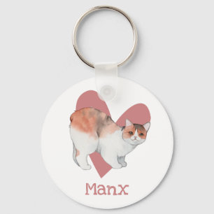 Manx Cat Watercolor Kitty Pink Heart Key Ring
