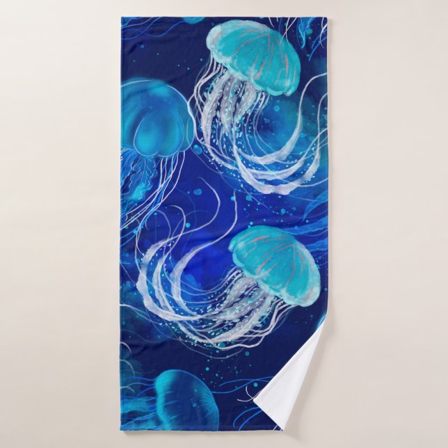 Many blue jellyfishes swimming underwater. Seamles Bath Towel (Bath Towel)