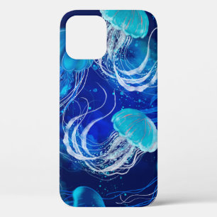 Many blue jellyfishes swimming underwater. Seamles iPhone 12 Case