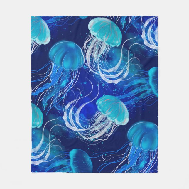 Many blue jellyfishes swimming underwater. Seamles Fleece Blanket (Front)