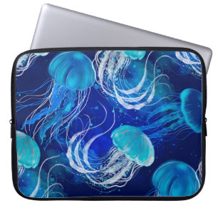 Many blue jellyfishes swimming underwater. Seamles Laptop Sleeve