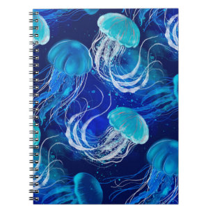 Many blue jellyfishes swimming underwater. Seamles Notebook
