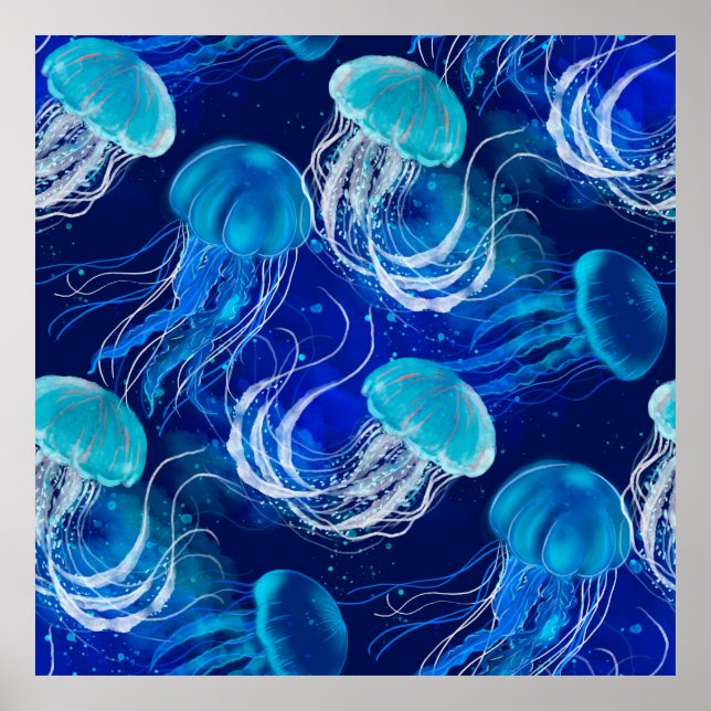 Many blue jellyfishes swimming underwater. Seamles Poster (Front)