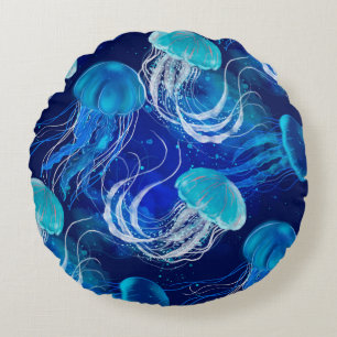 Many blue jellyfishes swimming underwater. Seamles Round Cushion