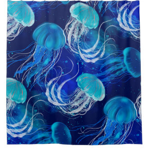 Many blue jellyfishes swimming underwater. Seamles Shower Curtain