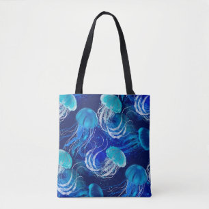 Many blue jellyfishes swimming underwater. Seamles Tote Bag