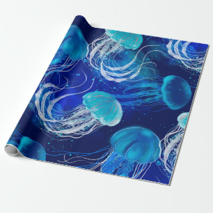 Many blue jellyfishes swimming underwater. Seamles Wrapping Paper