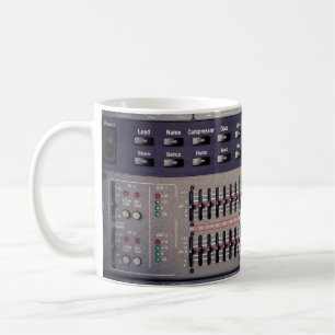 Many buttons on a sound mixer in a recording studi coffee mug