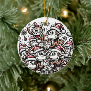 Many Christmas Monkeys Ceramic Ornament