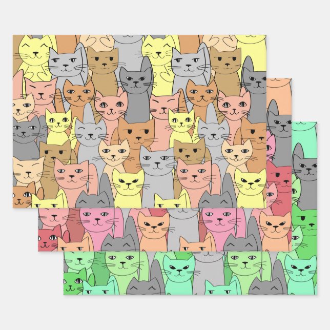 Many Colourful Cats Design Wrapping Paper Sets (Set)